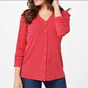 Susan Graver Polka Dot Liquid Knit Button Front Top
